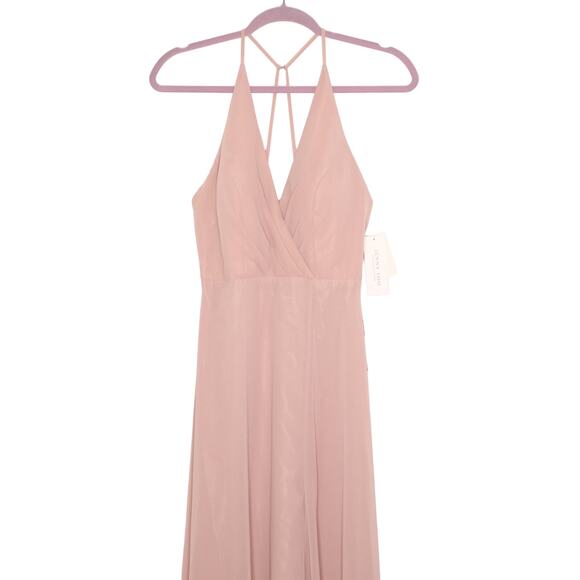 JENNY YOO Pleated Chiffon Maxi Dress Dusty Pink V-Neck Low Back Women's 2 - Picture 1 of 13